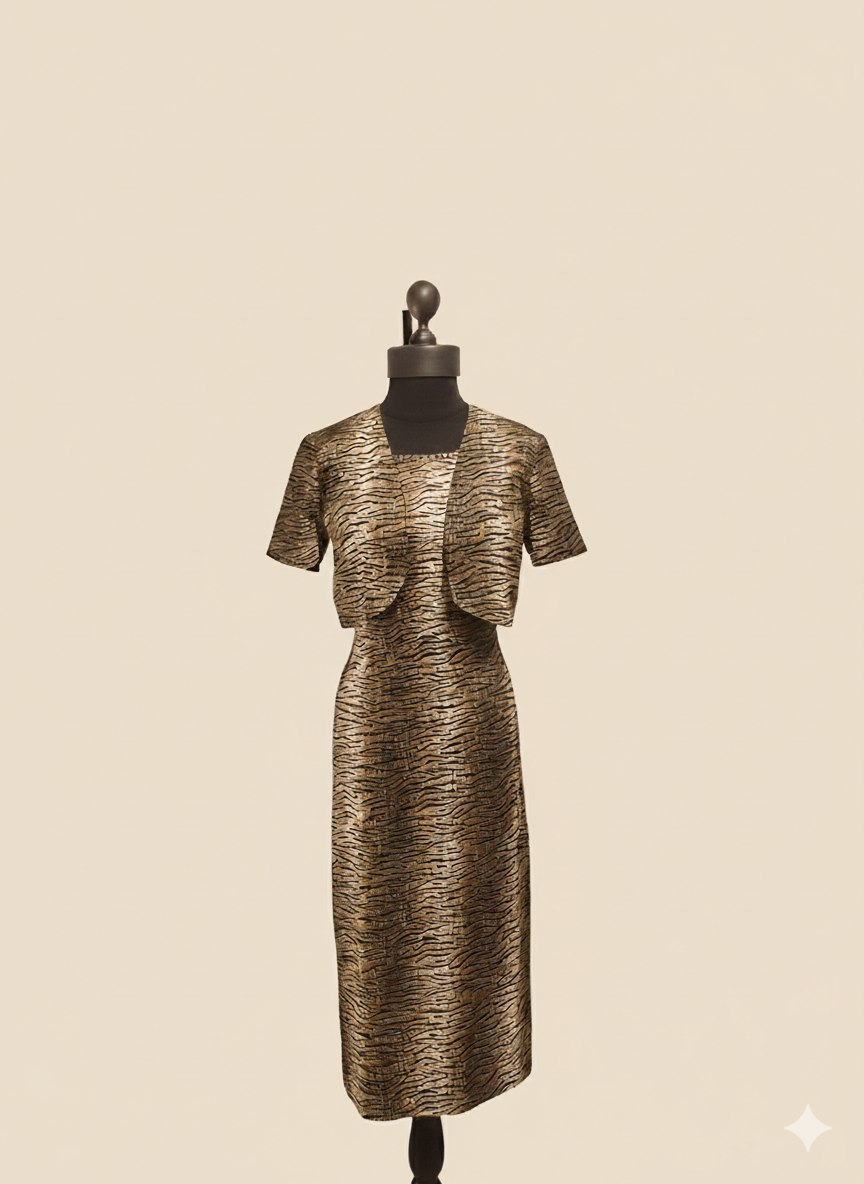 Elegant Metallic Tea-Length Evening Dress & Short Sleeve Jacket Set