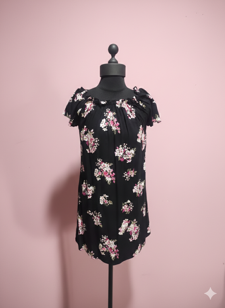 Black Floral Off-Shoulder Mini Dress - Pink Rose Print