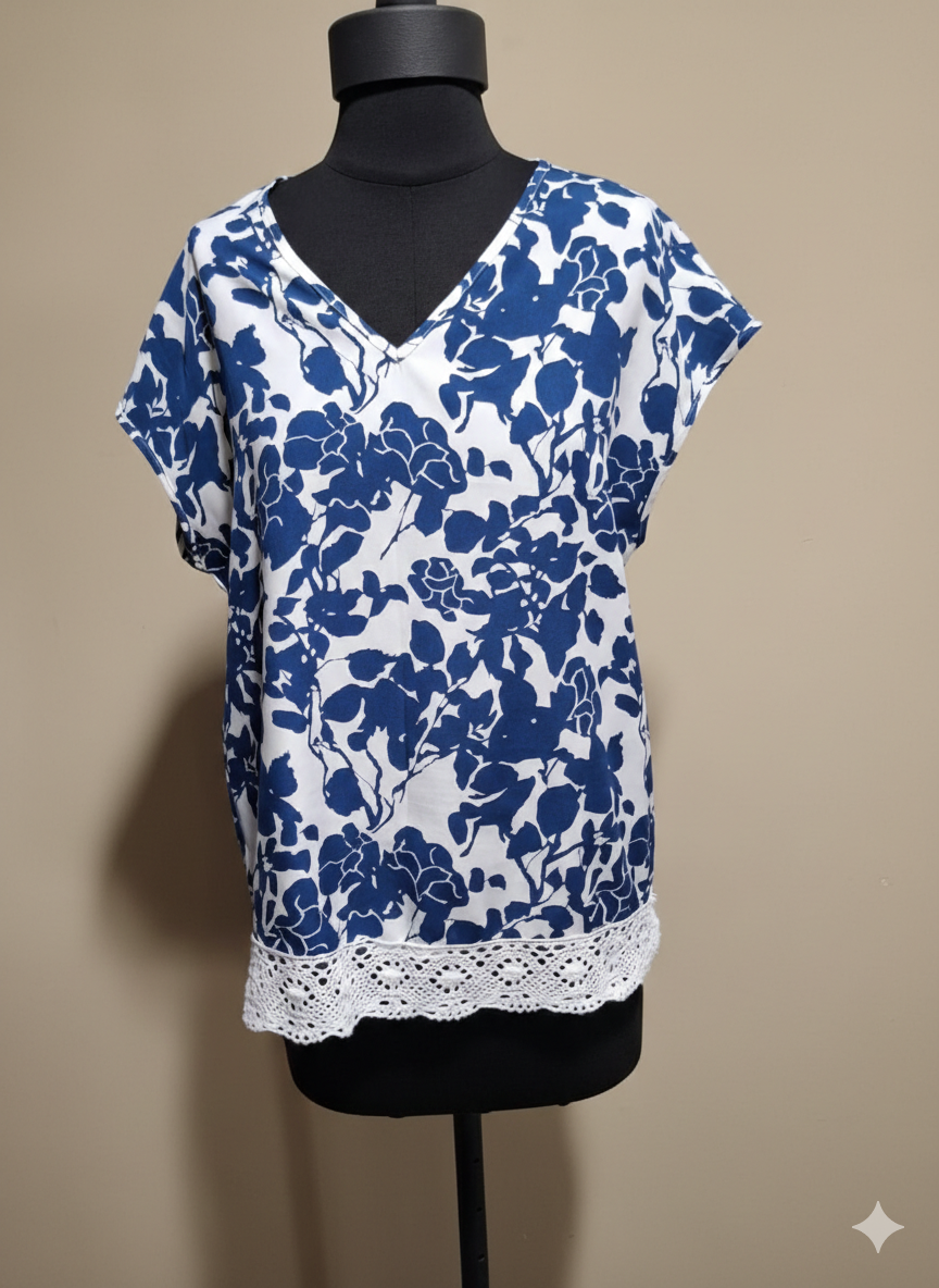 Indigo Floral V-Neck Blouse with Crochet Lace Hem