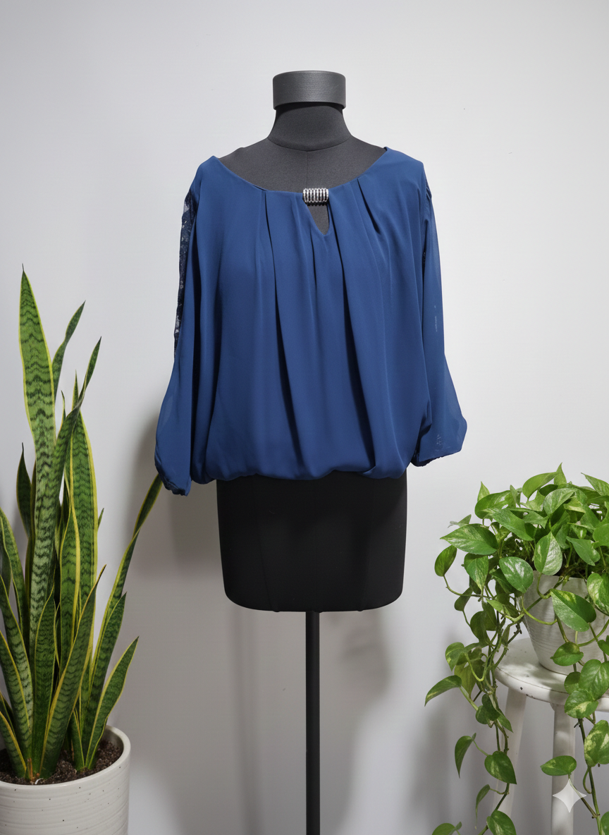 Royal Blue Pleated Chiffon Top - Lace Cut-Out Sleeves