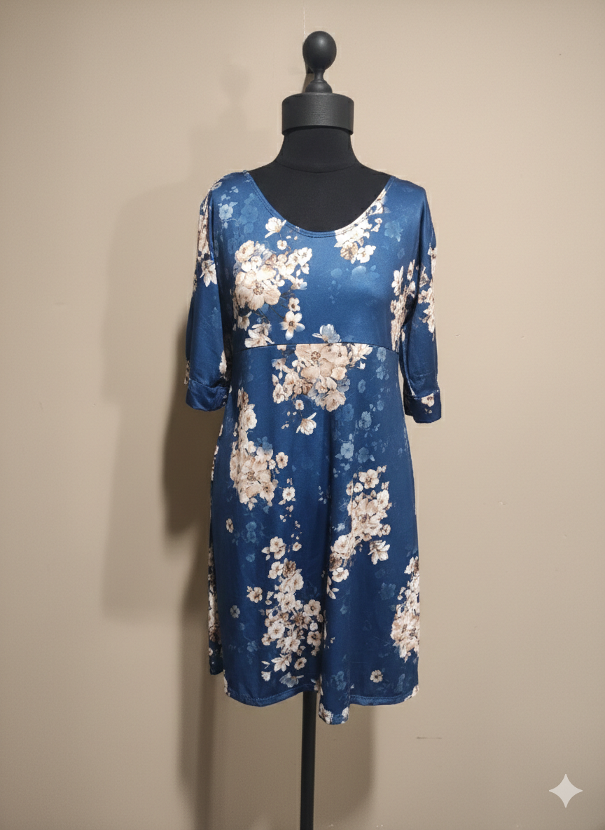 Navy Floral A-Line Dress with 3/4 Sleeves