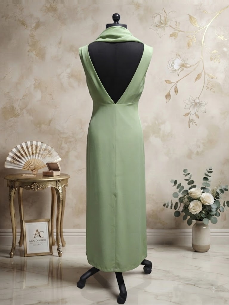Quintieri Sage Green Cowl-Neck Maxi Dress – Size 6