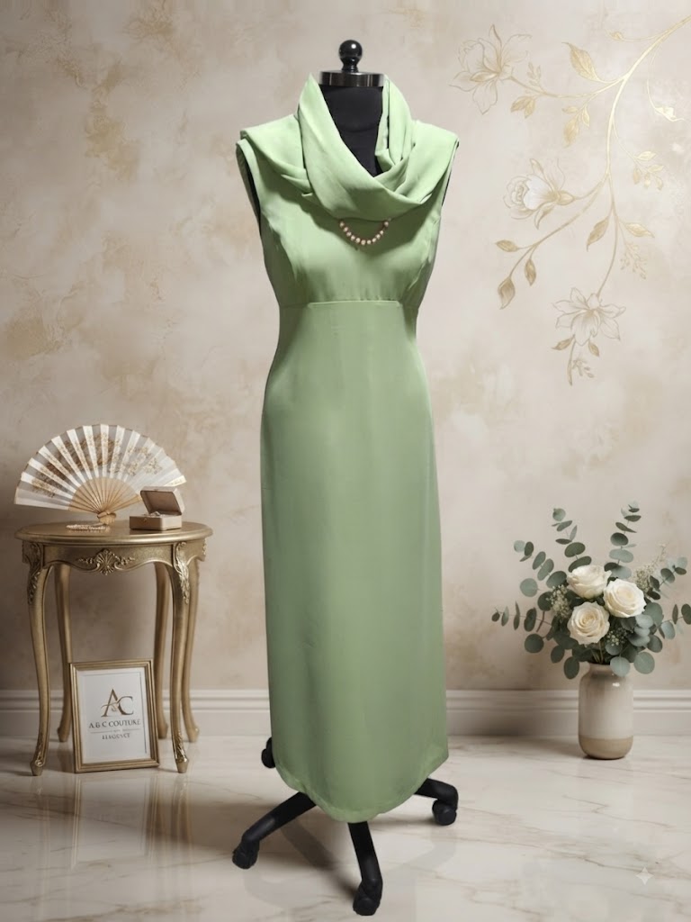 Quintieri Sage Green Cowl-Neck Maxi Dress – Size 6