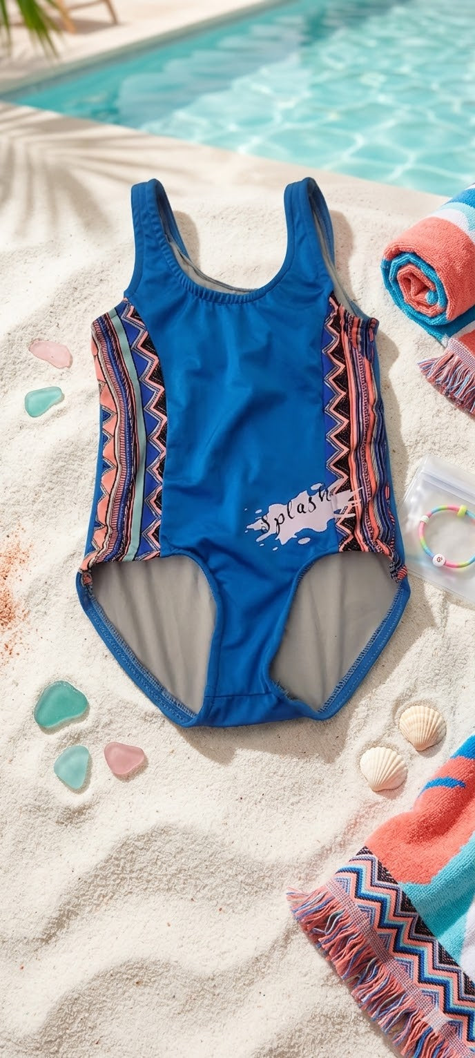 Girls' Vibrant Splash-Print  Active Swimsuit (Age 9-10)