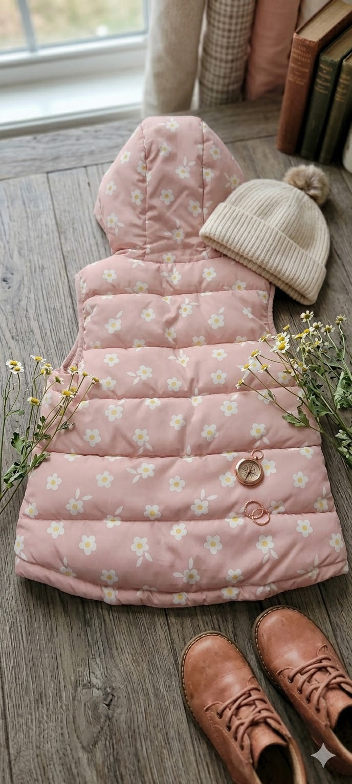 Woolworths Girls’ Floral Puffer Gilet – Dusty Rose Daisy Print (Age 9)