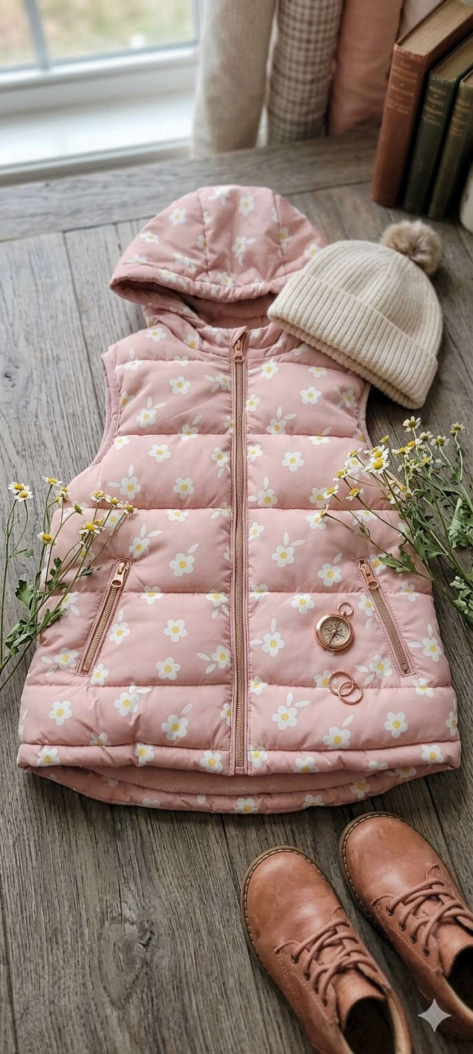 Woolworths Girls’ Floral Puffer Gilet – Dusty Rose Daisy Print (Age 9)