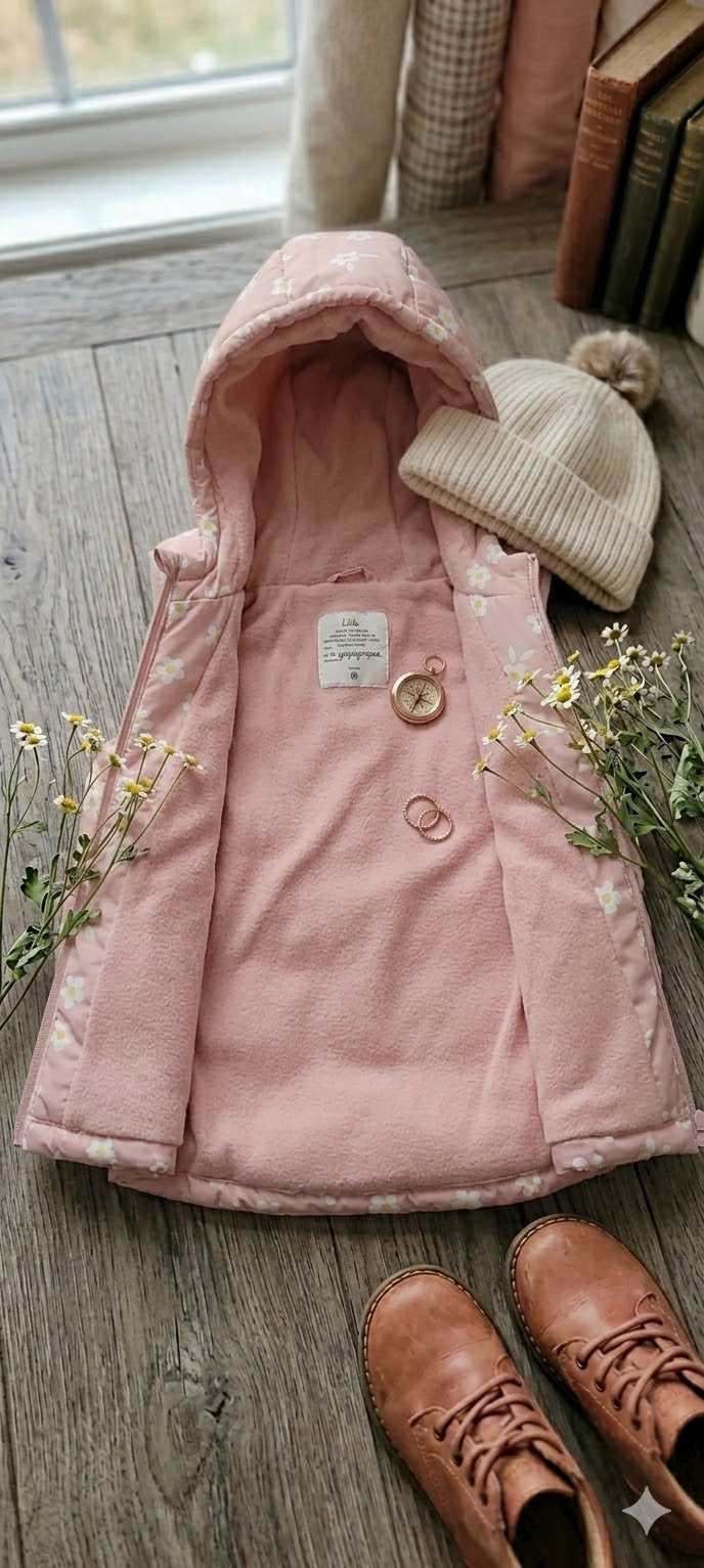 Woolworths Girls’ Floral Puffer Gilet – Dusty Rose Daisy Print (Age 9)