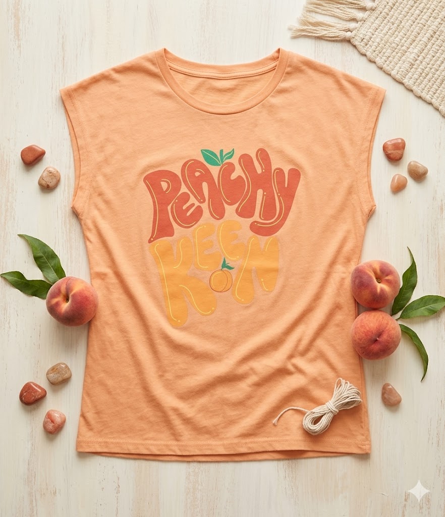 Girls’ "Peachy Keen" Retro Graphic Muscle Tee – Peach Sorbet (Ages 11-12)