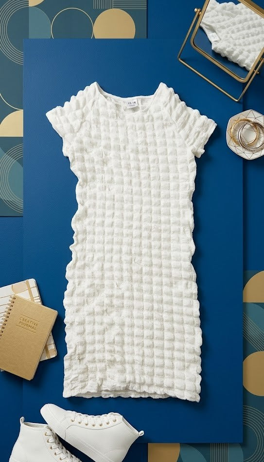 Teen Girls' White Textured Popcorn Mini Dress