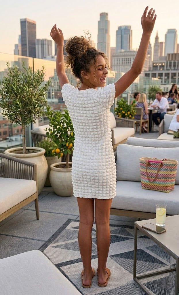 Teen Girls' White Textured Popcorn Mini Dress