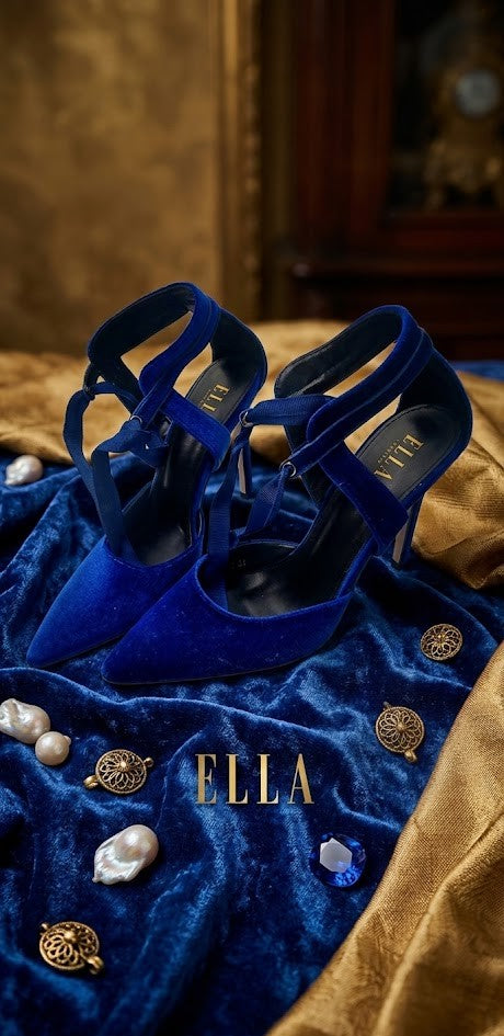 ELLA by Namashi 'Camilla' Royal Blue Velvet Pointed Heels, Size 38 - Excellent Condition, Tie-Ankle Wrap