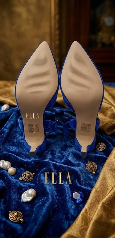 ELLA by Namashi 'Camilla' Royal Blue Velvet Pointed Heels, Size 38 - Excellent Condition, Tie-Ankle Wrap