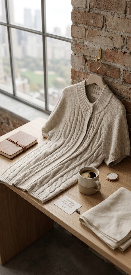 Beige Cable-Knit Short Sleeve Cardigan | Relaxed Fit | Size L/XL