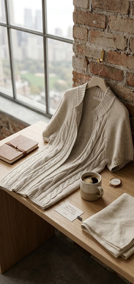 Beige Cable-Knit Short Sleeve Cardigan | Relaxed Fit | Size L/XL