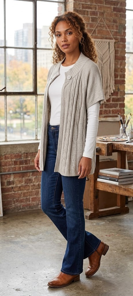 Beige Cable-Knit Short Sleeve Cardigan | Relaxed Fit | Size L/XL