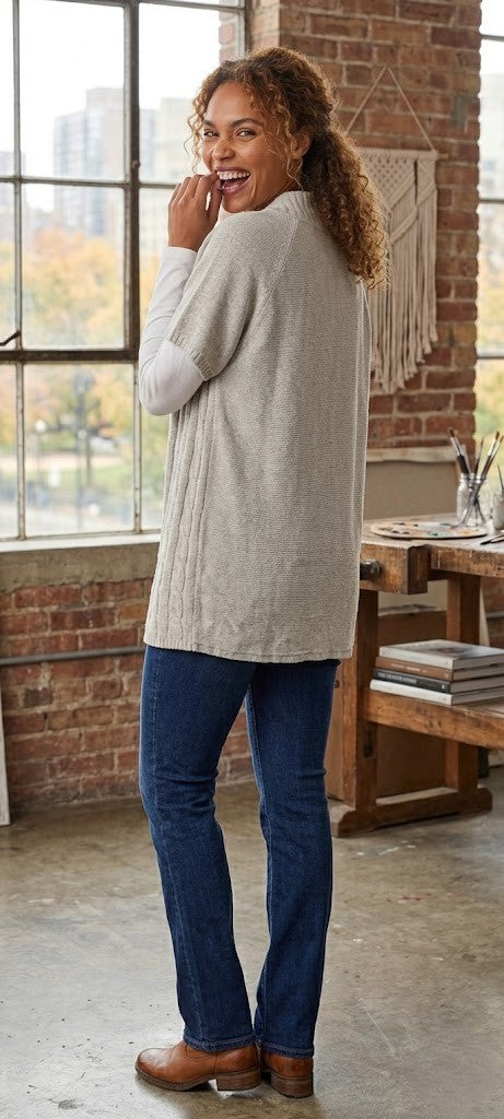 Beige Cable-Knit Short Sleeve Cardigan | Relaxed Fit | Size L/XL