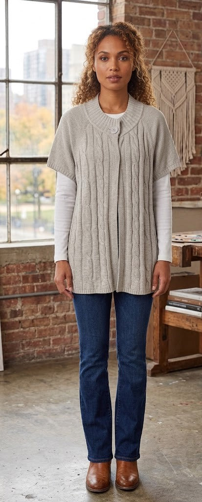 Beige Cable-Knit Short Sleeve Cardigan | Relaxed Fit | Size L/XL
