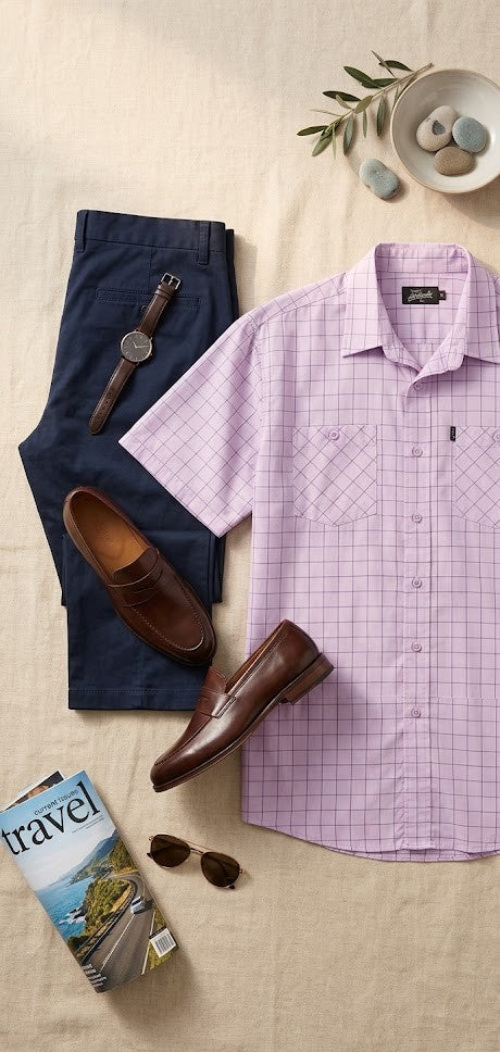 Men’s 4XL Lilac Grid Check Short Sleeve Shirt - 100% Cotton