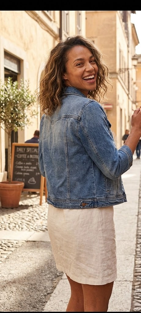 Chic Cropped 3/4 Sleeve Denim Jacket – Vintage Blue (Size 38)