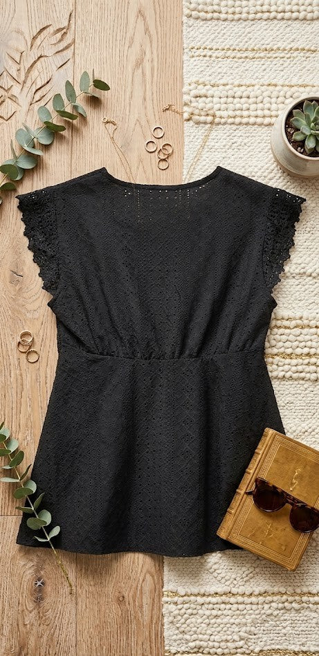 Elegant Black Eyelet Lace Peplum Blouse – Size Medium