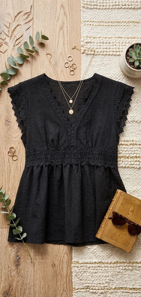 Elegant Black Eyelet Lace Peplum Blouse – Size Medium