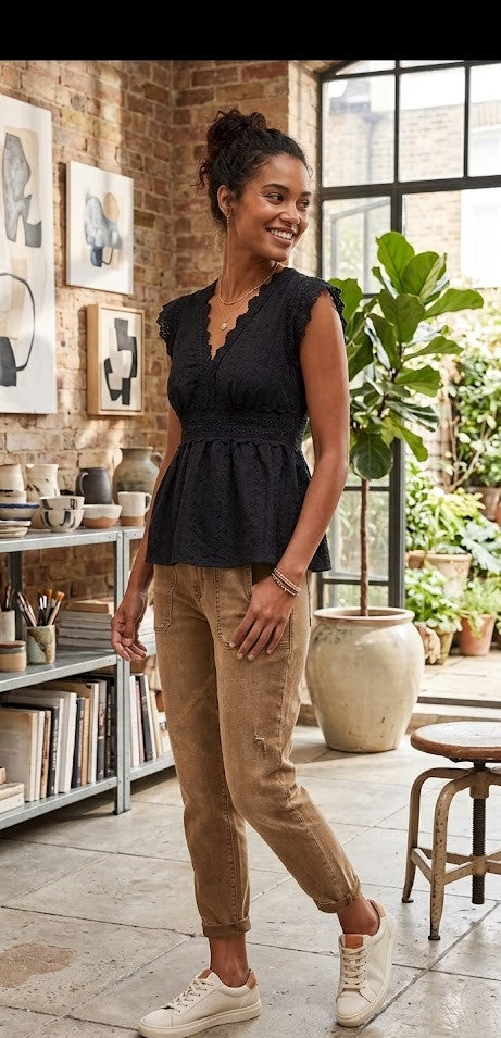 Elegant Black Eyelet Lace Peplum Blouse – Size Medium