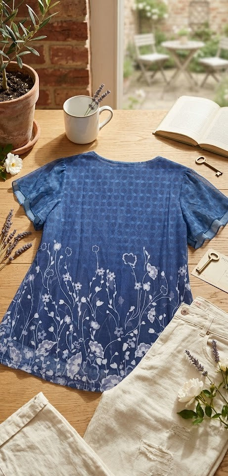 Blue Floral Flutter Sleeve V-Neck Blouse - Sheer Overlay - Size XL