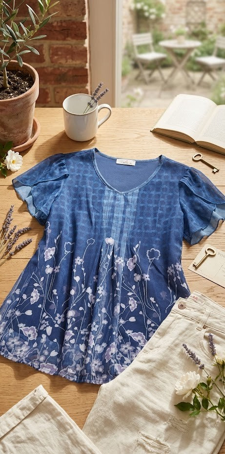 Blue Floral Flutter Sleeve V-Neck Blouse - Sheer Overlay - Size XL