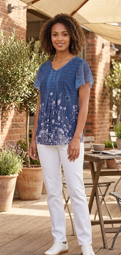 Blue Floral Flutter Sleeve V-Neck Blouse - Sheer Overlay - Size XL
