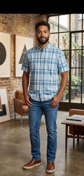 Men's XXL Blue Check Short Sleeve Cotton Shirt