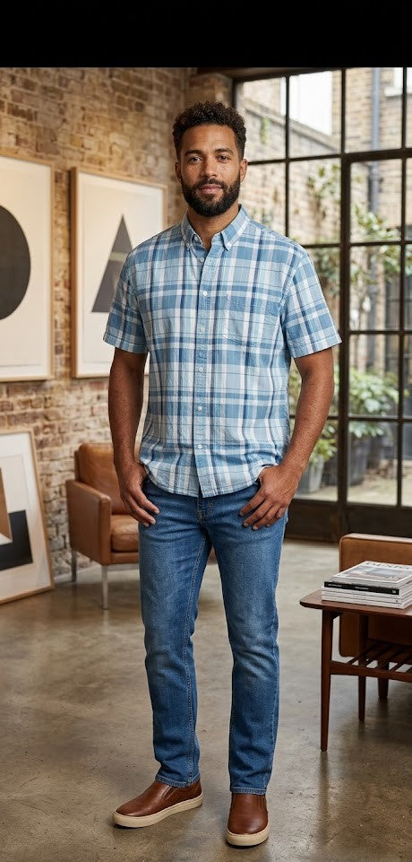 Men's XXL Blue Check Short Sleeve Cotton Shirt