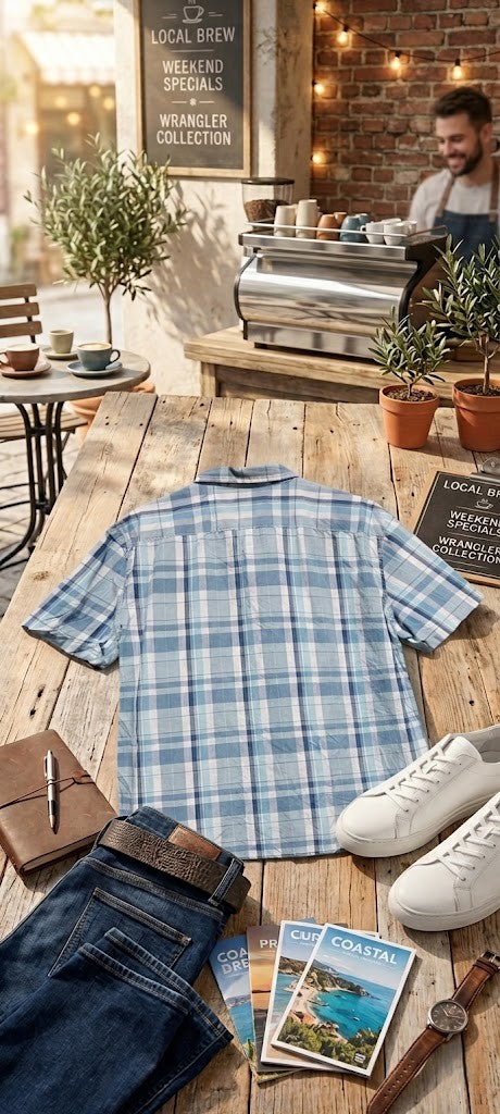 Men's XXL Blue Check Short Sleeve Cotton Shirt