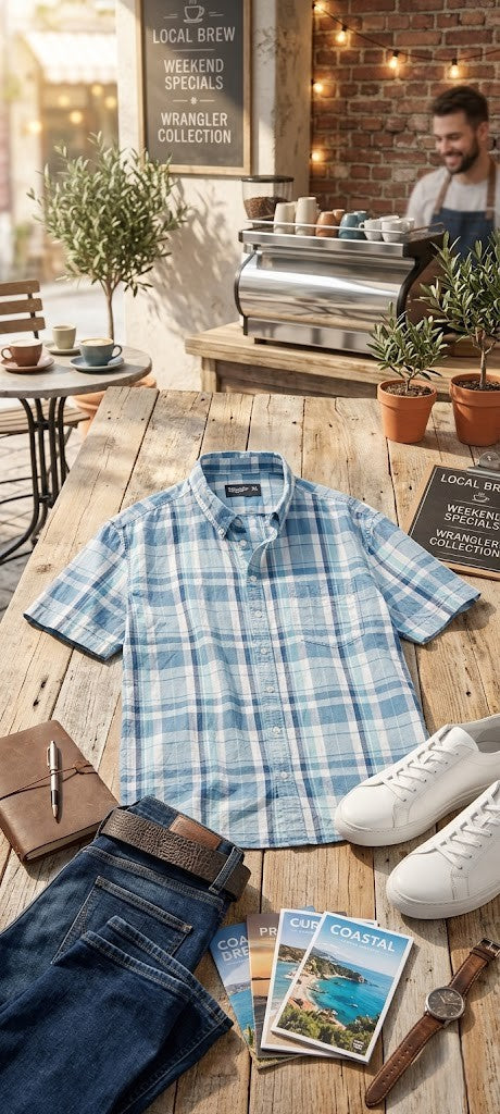 Men's XXL Blue Check Short Sleeve Cotton Shirt