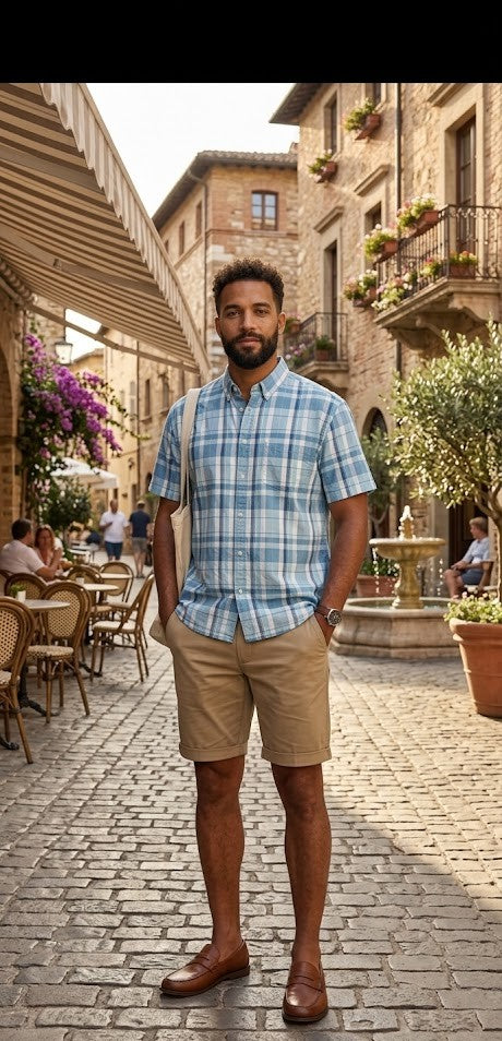 Men's XXL Blue Check Short Sleeve Cotton Shirt