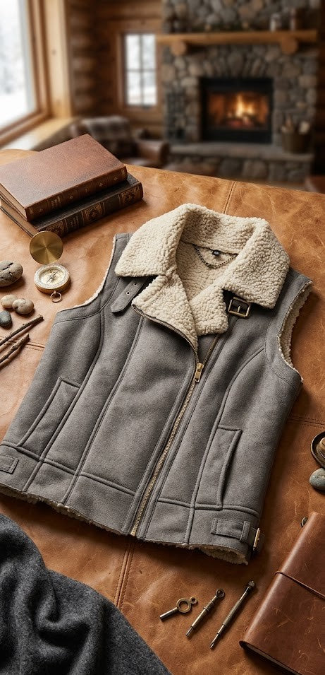 Cozy Chic: Slate Grey Faux Suede Shearling Vest