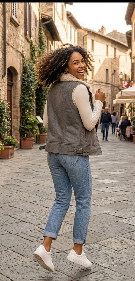 Cozy Chic: Slate Grey Faux Suede Shearling Vest