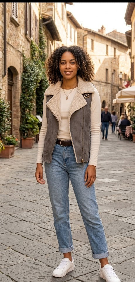 Cozy Chic: Slate Grey Faux Suede Shearling Vest
