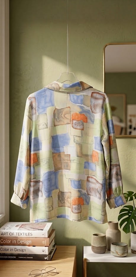 Abstract Watercolor Button-Down Blouse | Earthy Tones | Size XL