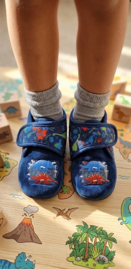 Dino-Mite Discovery: Toddler Boy's Navy Blue Dinosaur Slippers