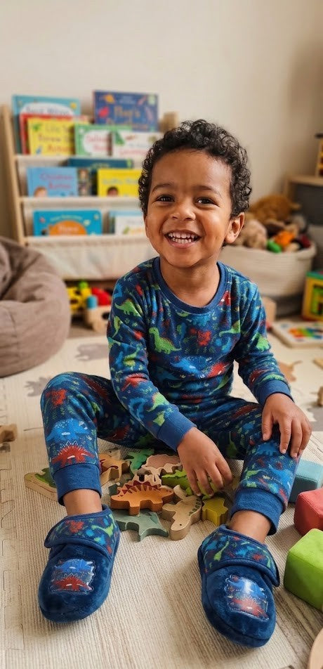 Dino-Mite Discovery: Toddler Boy's Navy Blue Dinosaur Slippers