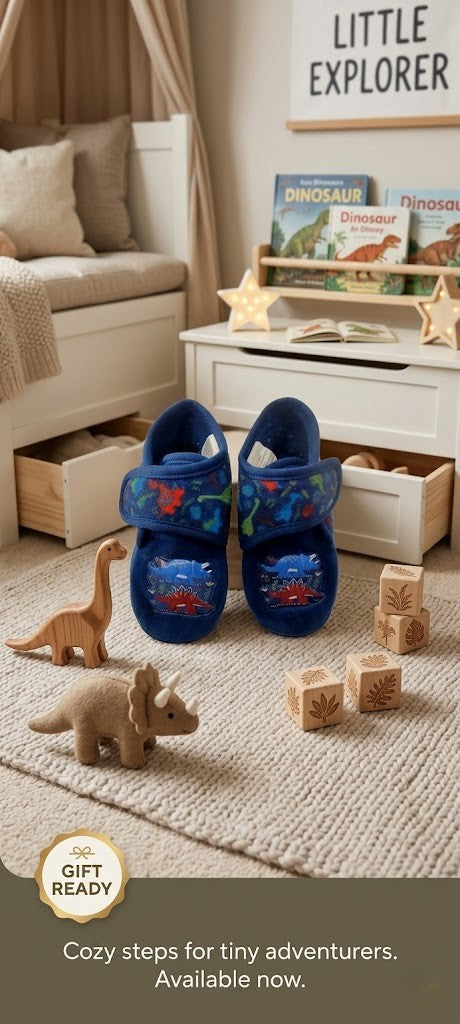 Dino-Mite Discovery: Toddler Boy's Navy Blue Dinosaur Slippers