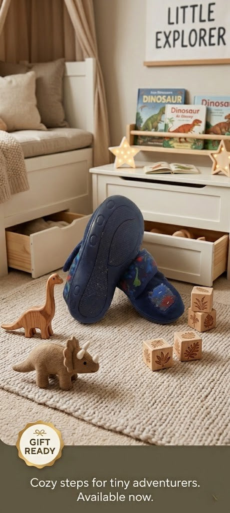 Dino-Mite Discovery: Toddler Boy's Navy Blue Dinosaur Slippers