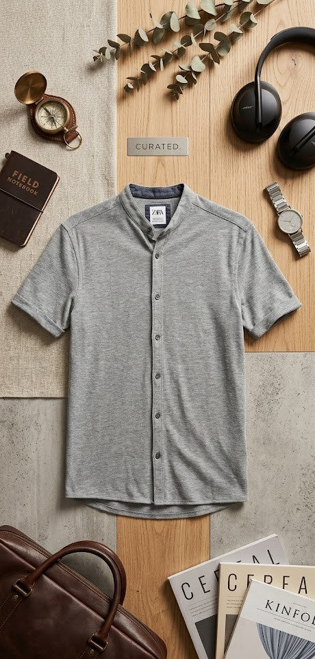 ZARA Men’s Textured Mandarin Collar Shirt – Slim Fit