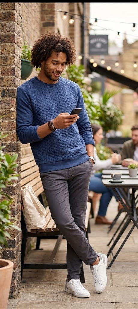 Originals Men’s Diamond-Quilted Crewneck – Navy Blue (Size Large)
