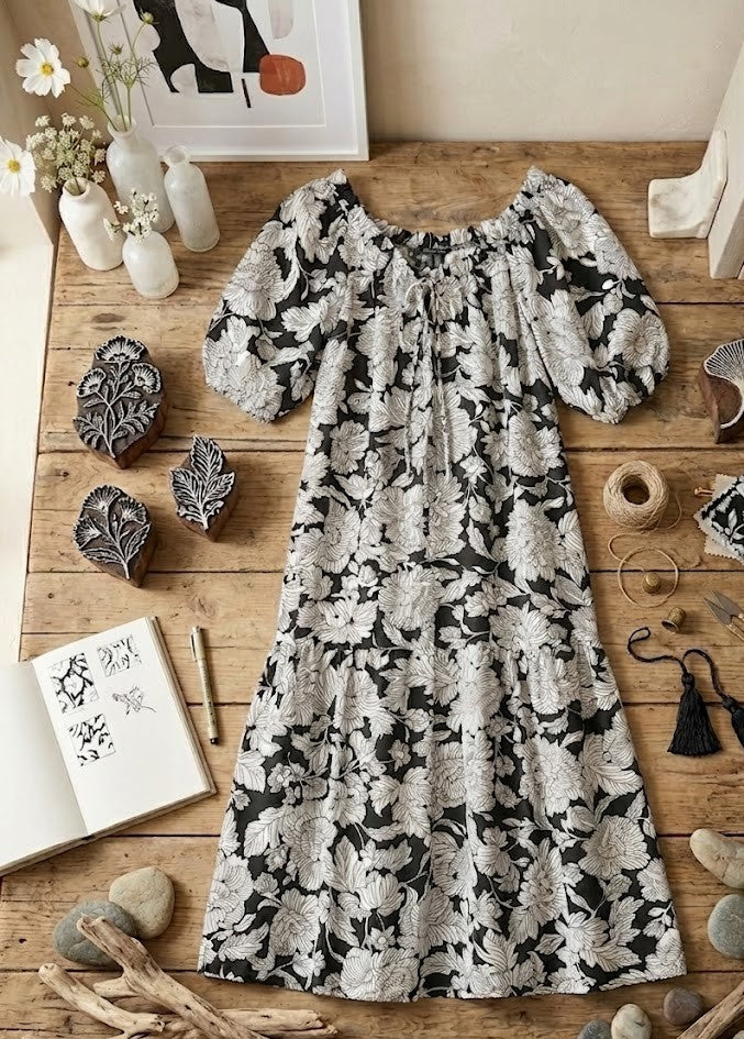 Edgars Floral Print Puff-Sleeve Dress