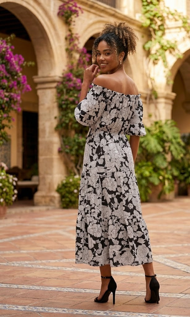 Edgars Floral Print Puff-Sleeve Dress