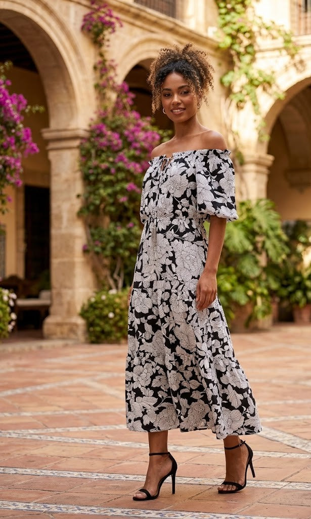 Edgars Floral Print Puff-Sleeve Dress
