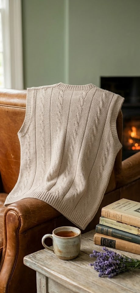 Hand-Knit Vintage Aesthetic Cable Stitch Wool Vest – Sand Beige (Size L/XL)