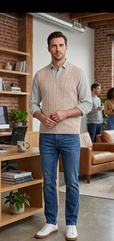 Hand-Knit Vintage Aesthetic Cable Stitch Wool Vest – Sand Beige (Size L/XL)