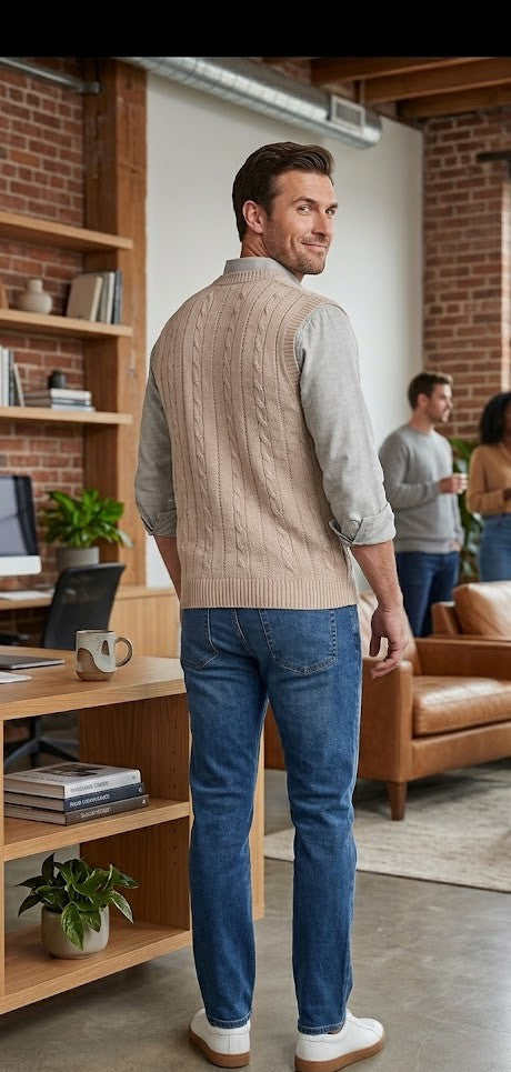 Hand-Knit Vintage Aesthetic Cable Stitch Wool Vest – Sand Beige (Size L/XL)